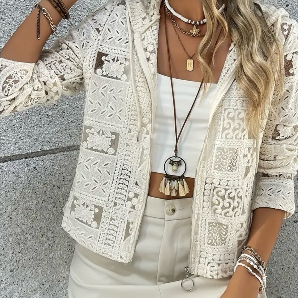Elegant Cream Crochet Hoodie Jacket